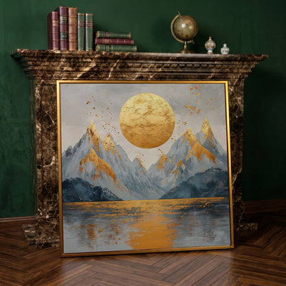 Surreal Sun and Mountain Canvas in antique gold floating frame