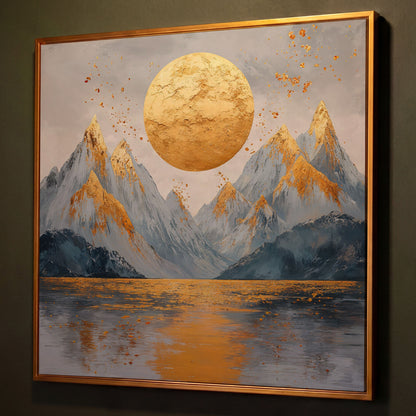 Surreal Sun and Mountain Canvas shown in antique gold floating frame