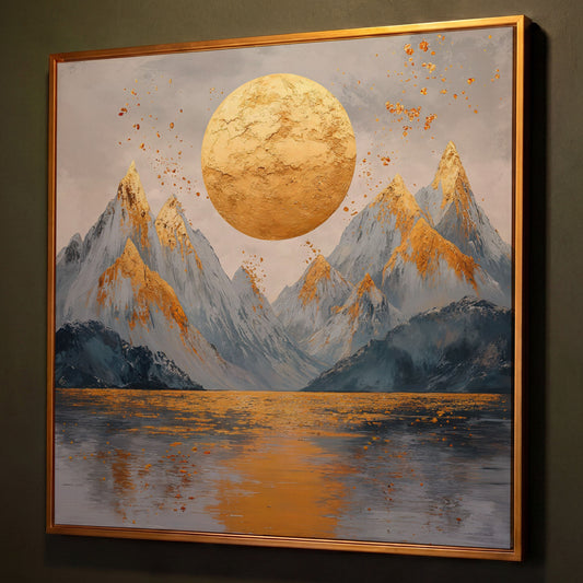 Surreal Sun and Mountain Canvas shown in antique gold floating frame