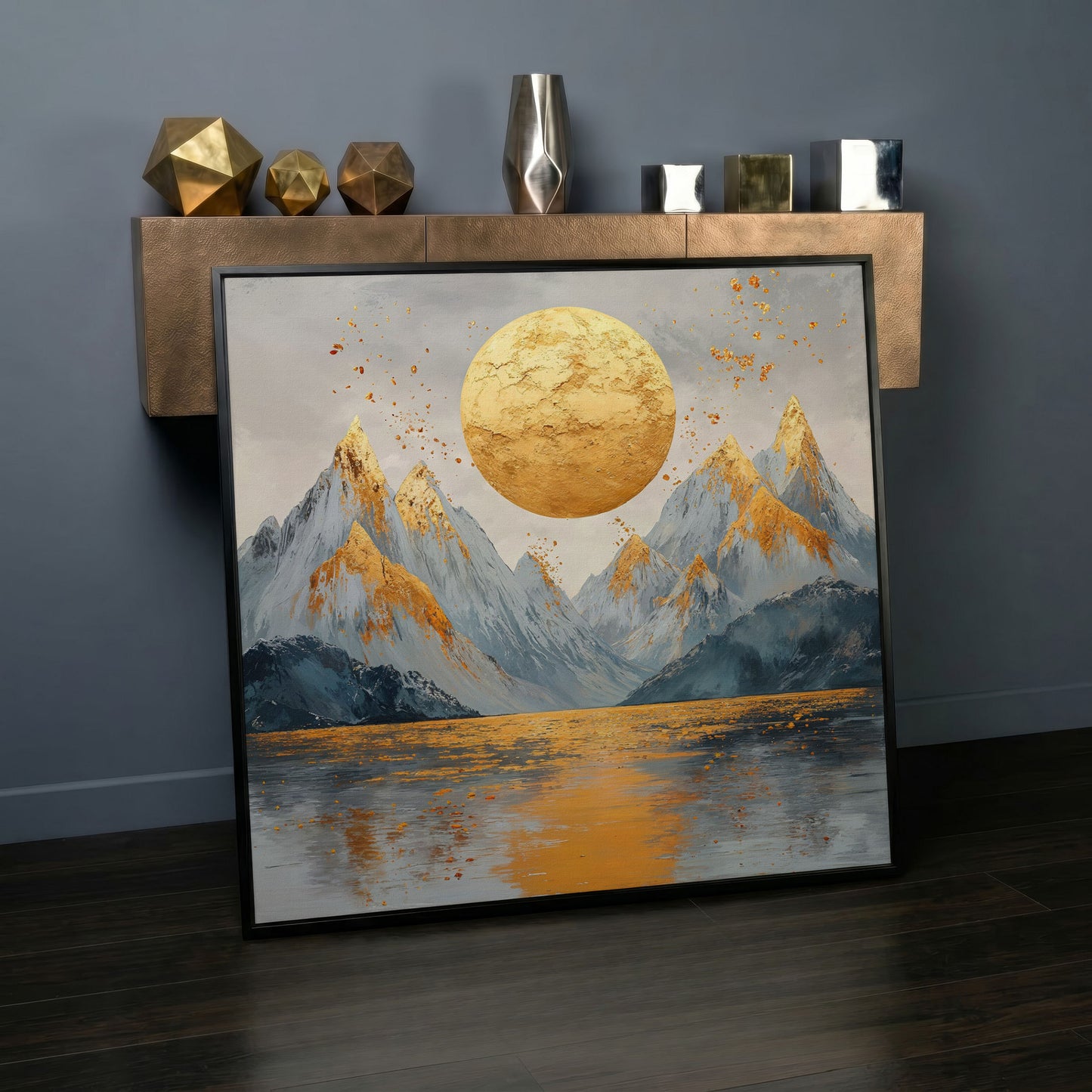 Surreal Sun and Mountain Canvas in black floating frame