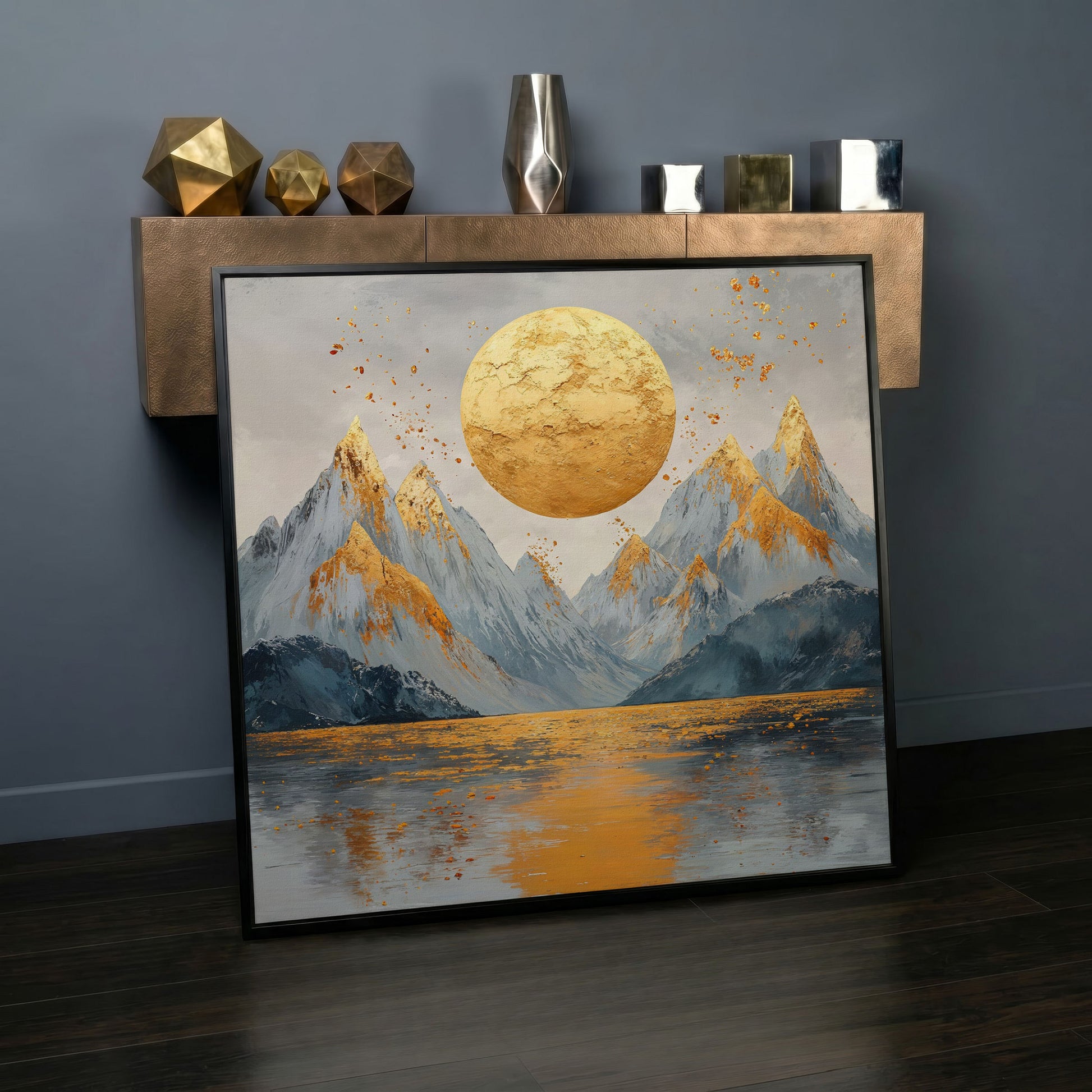 Surreal Sun and Mountain Canvas in black floating frame
