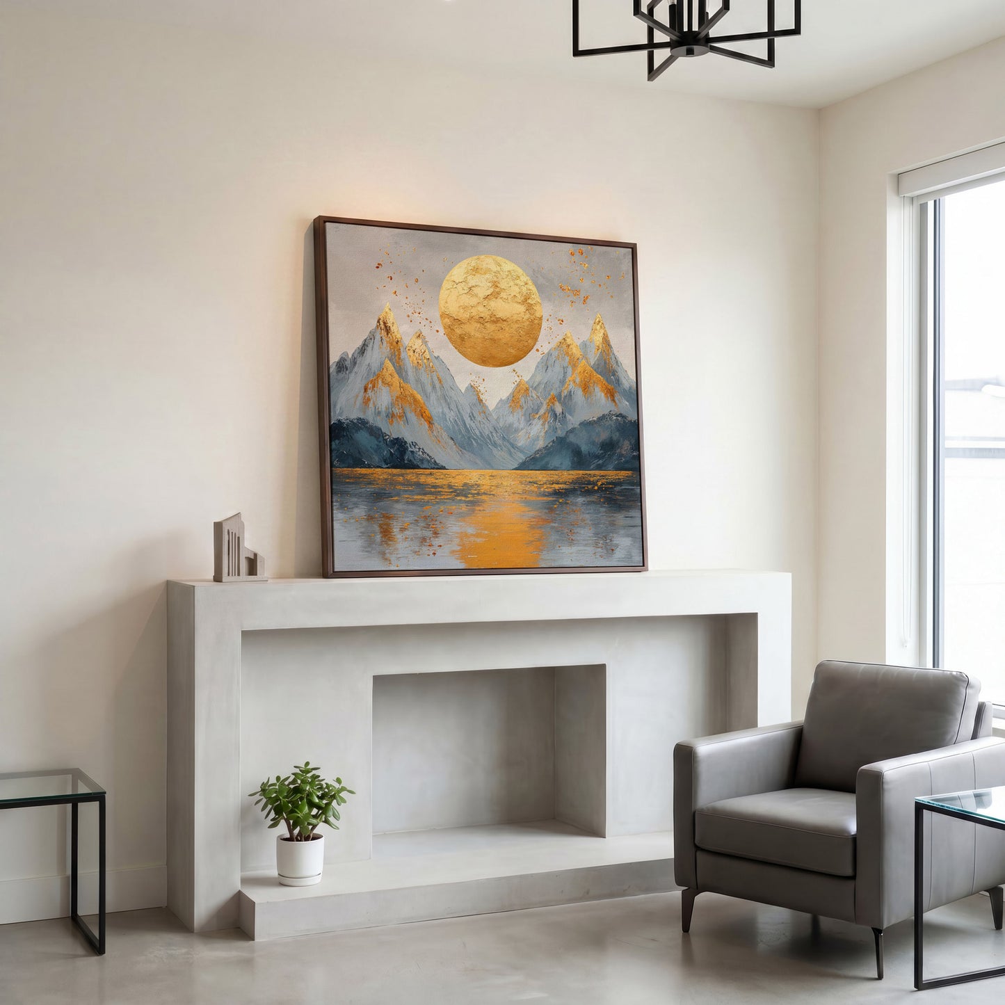 Surreal Sun and Mountain Canvas in dark walnut floating frame