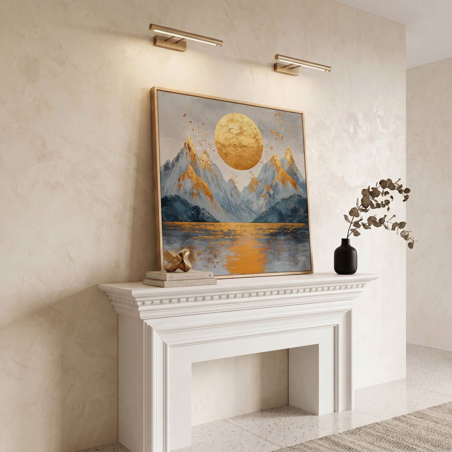 Surreal Sun and Mountain Canvas in white oak floating frame