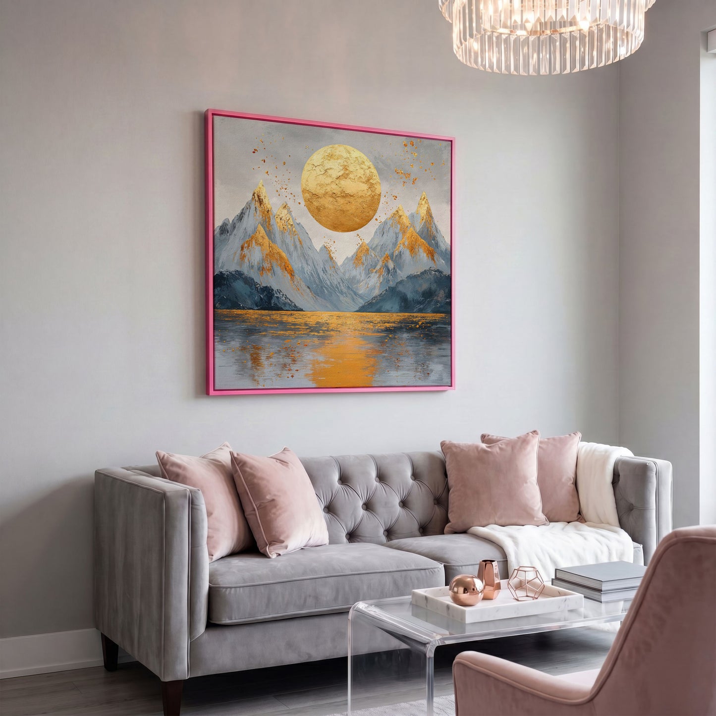 Surreal Sun and Mountain Canvas in pink floating frame