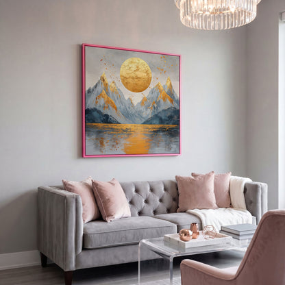 Surreal Sun and Mountain Canvas in pink floating frame