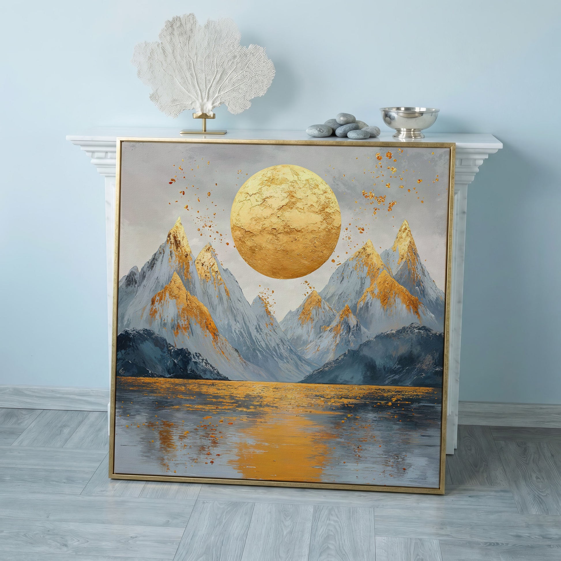 Surreal Sun and Mountain Canvas in rose gold floating frame