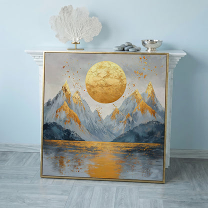 Surreal Sun and Mountain Canvas in rose gold floating frame