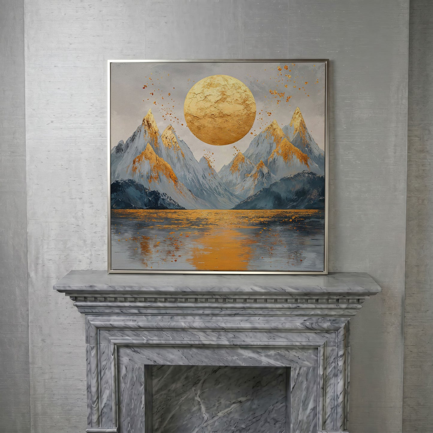 Surreal Sun and Mountain Canvas in silver floating frame