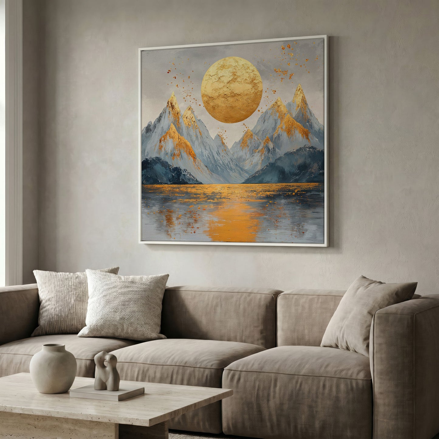 Surreal Sun and Mountain Canvas in white floating frame