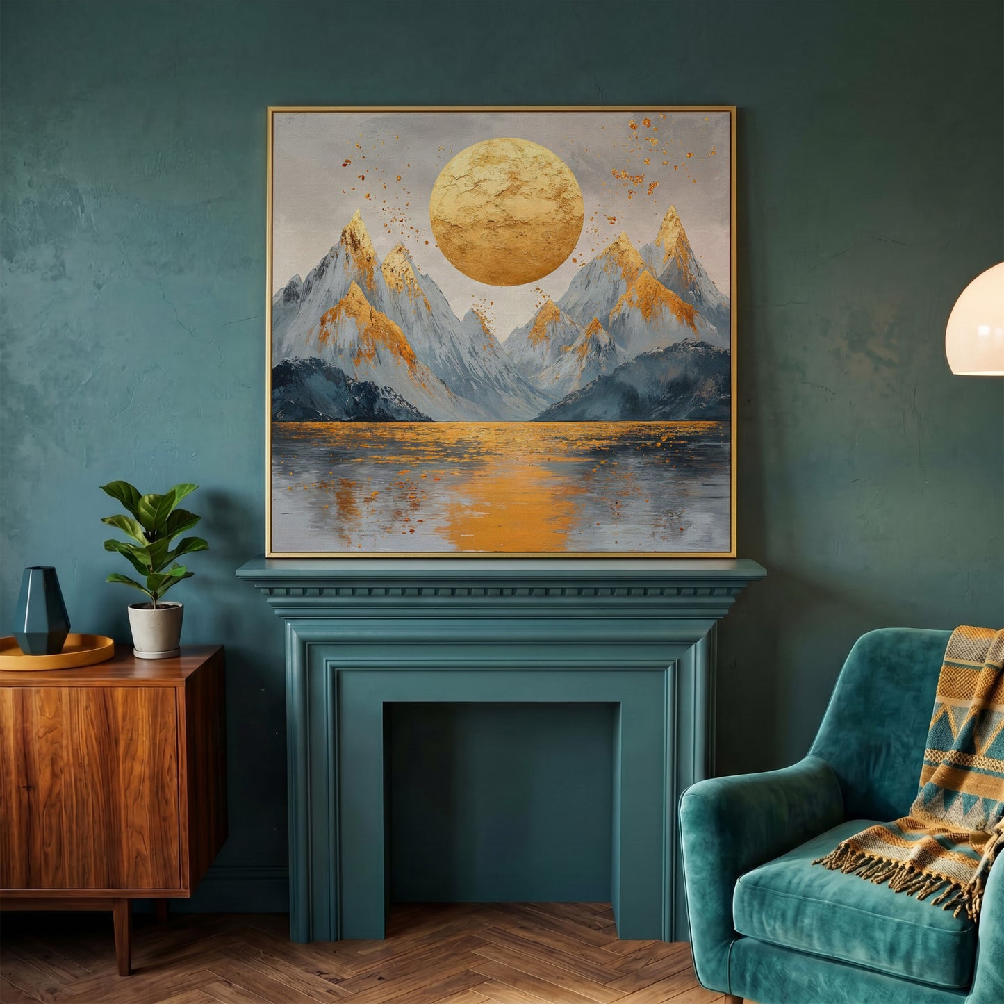 Surreal Sun and Mountain Canvas in yellow gold floating frame