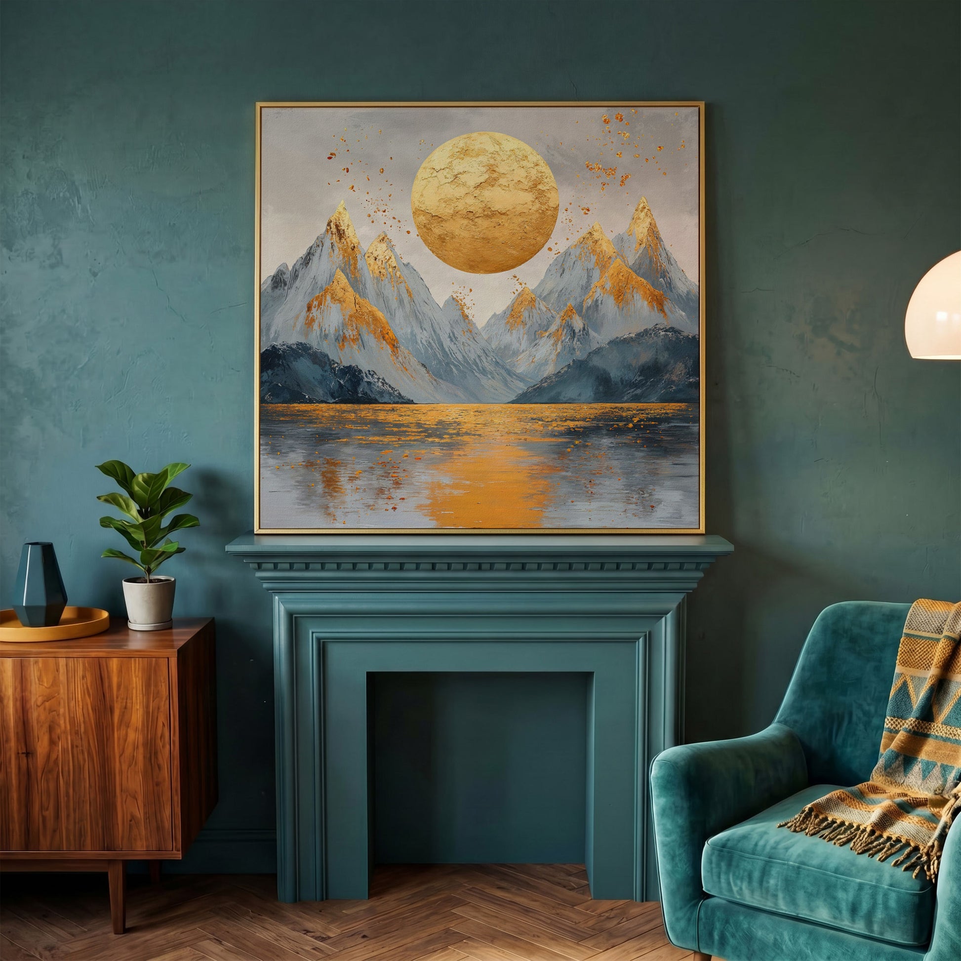 Surreal Sun and Mountain Canvas in yellow gold floating frame