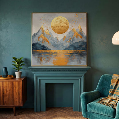 Surreal Sun and Mountain Canvas in yellow gold floating frame