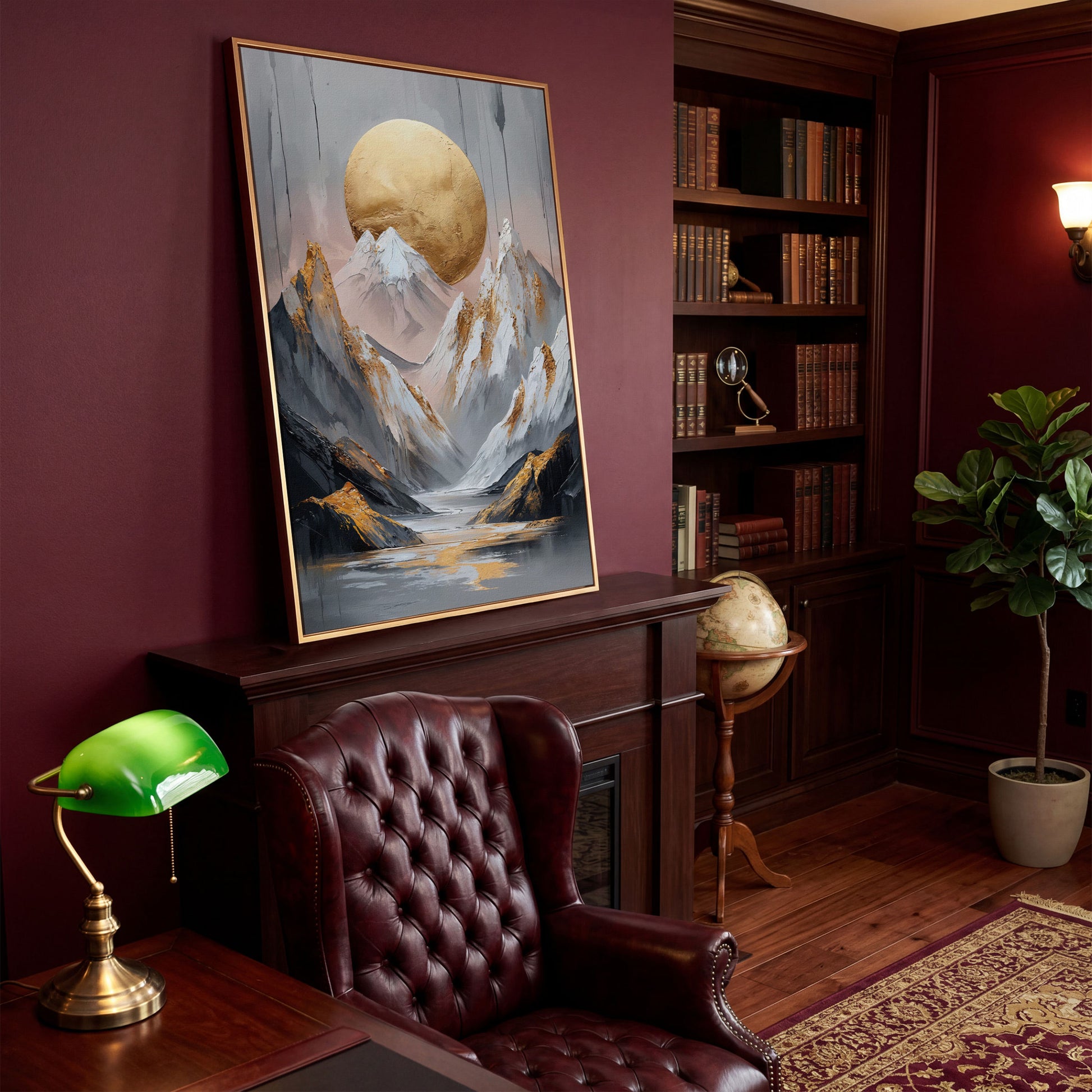 Mountain and Golden Moon Canvas in antique gold floating frame