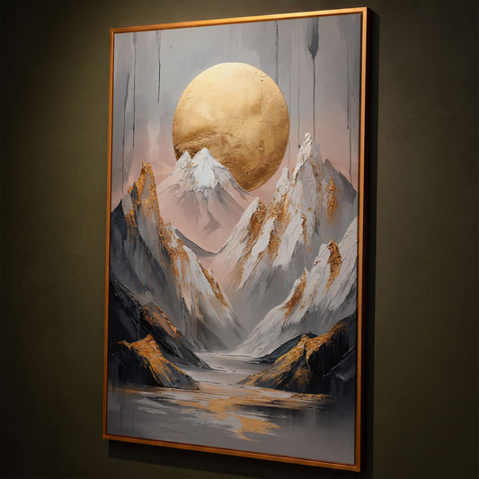 Mountain and Golden Moon Canvas shown in antique gold floating frame