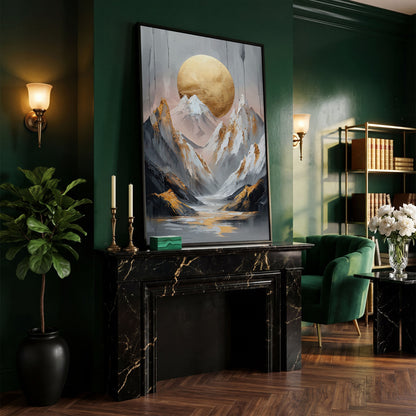 Mountain and Golden Moon Canvas in black floating frame