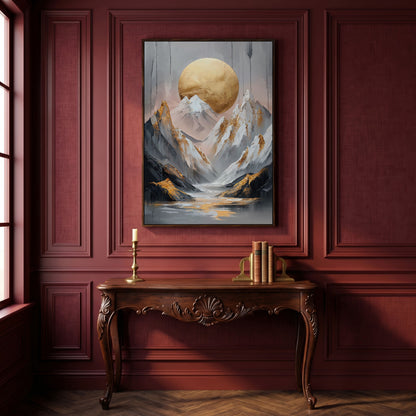 Mountain and Golden Moon Canvas in dark walnut floating frame