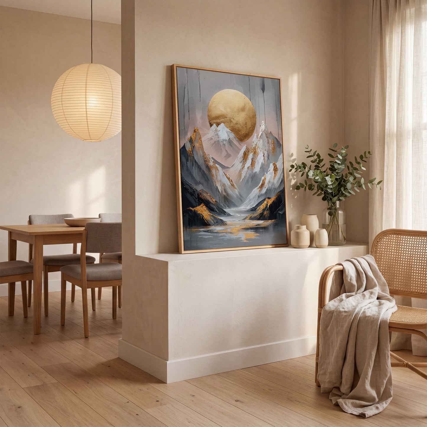Mountain and Golden Moon Canvas in white oak floating frame