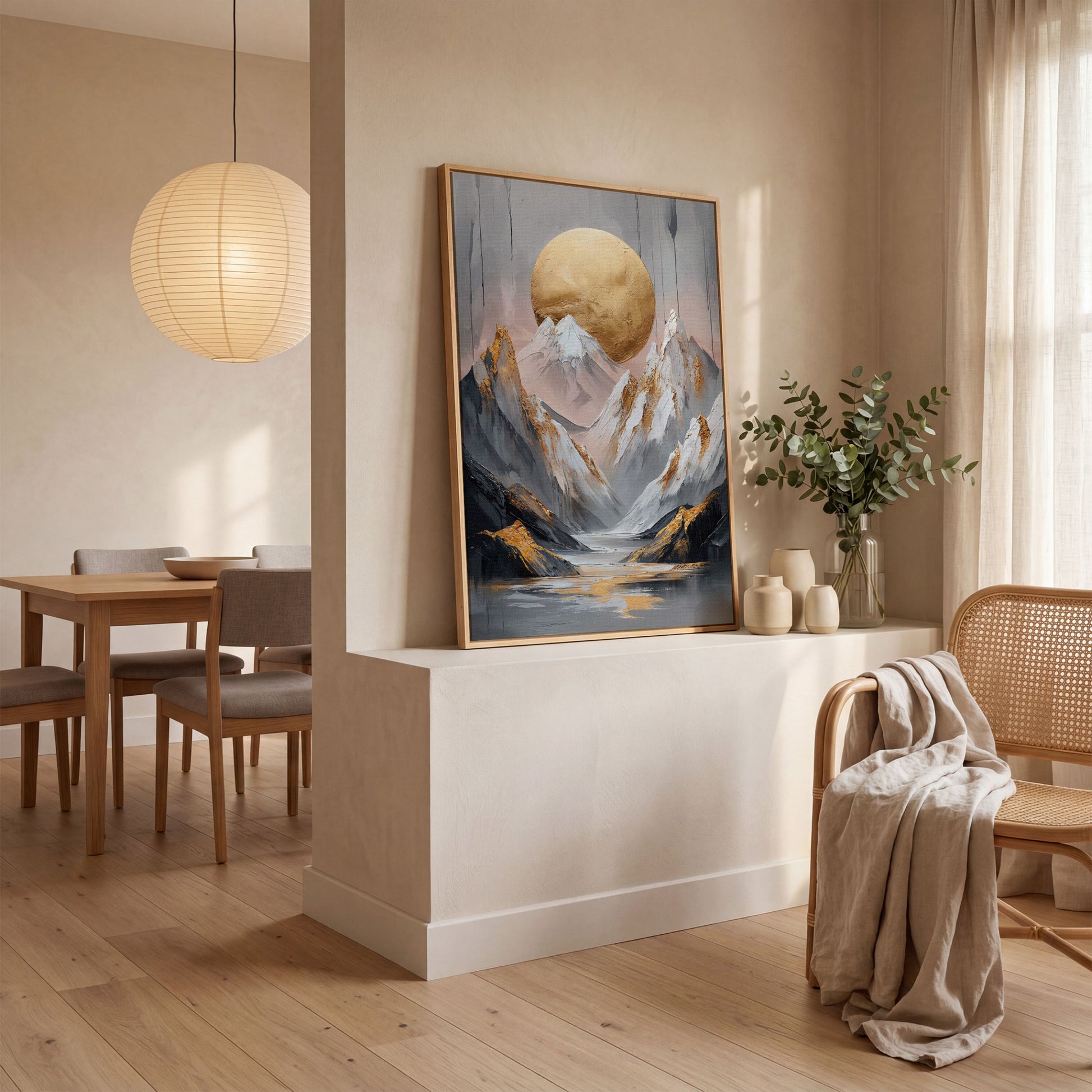 Mountain and Golden Moon Canvas in white oak floating frame