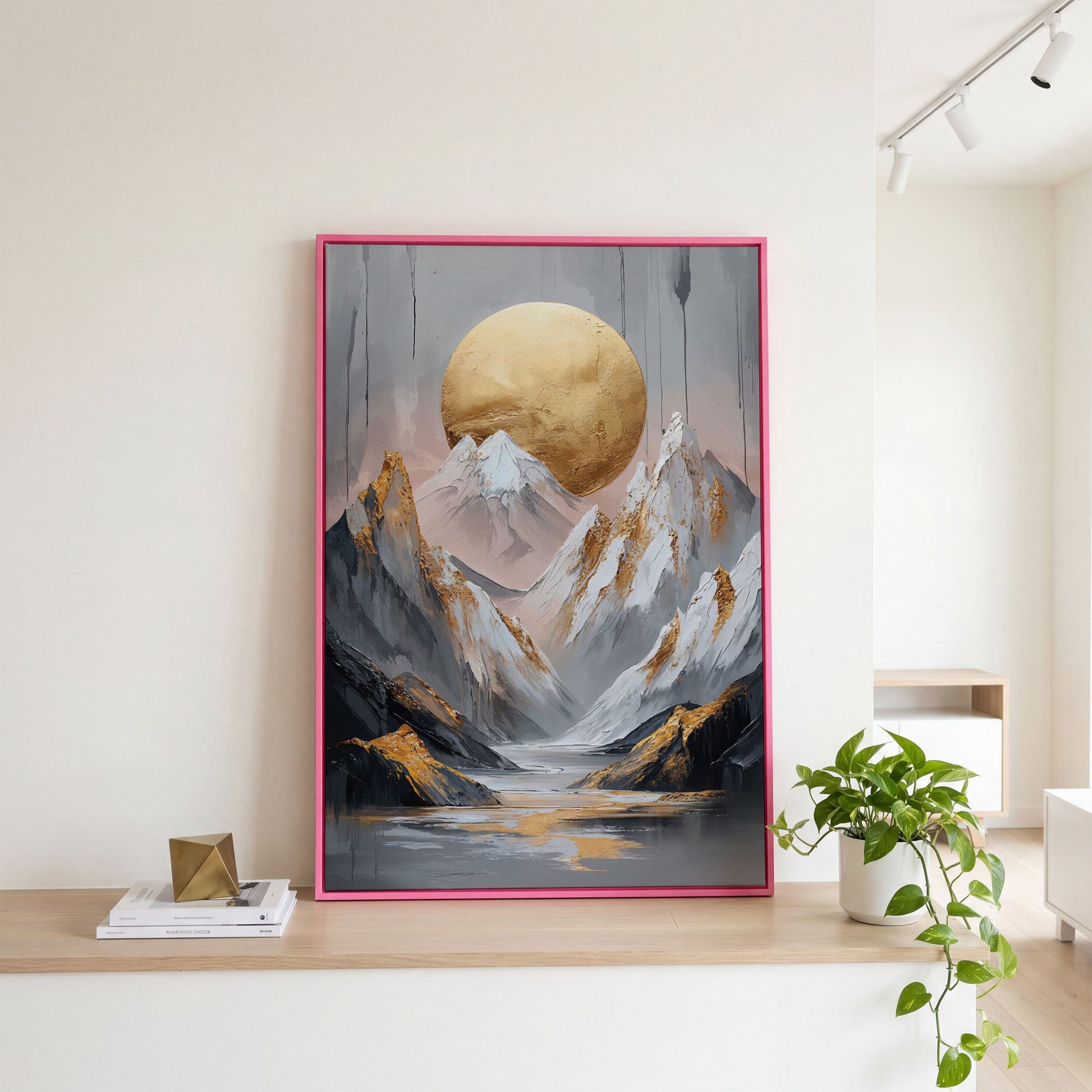 Mountain and Golden Moon Canvas in pink floating frame