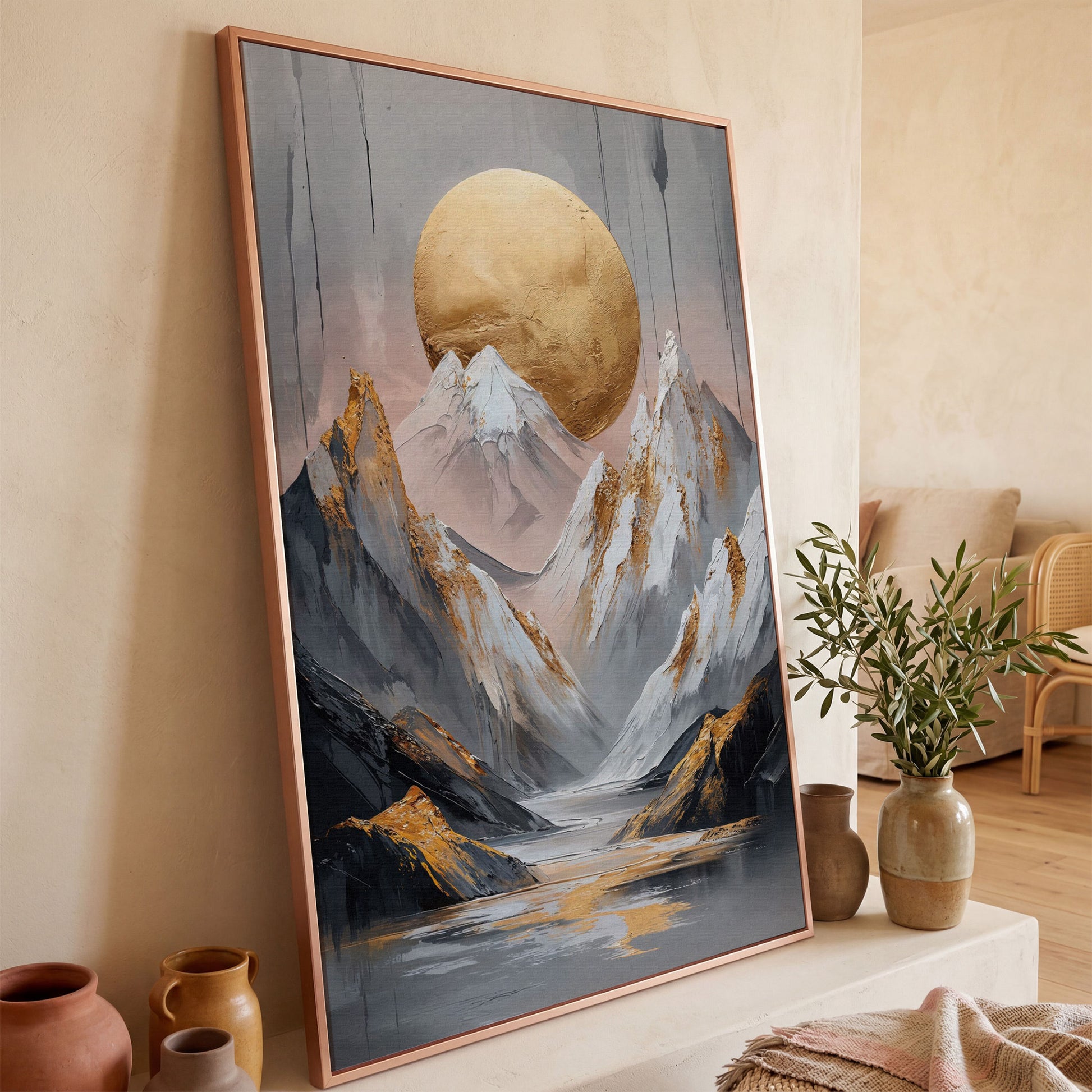 Mountain and Golden Moon Canvas in rose gold floating frame