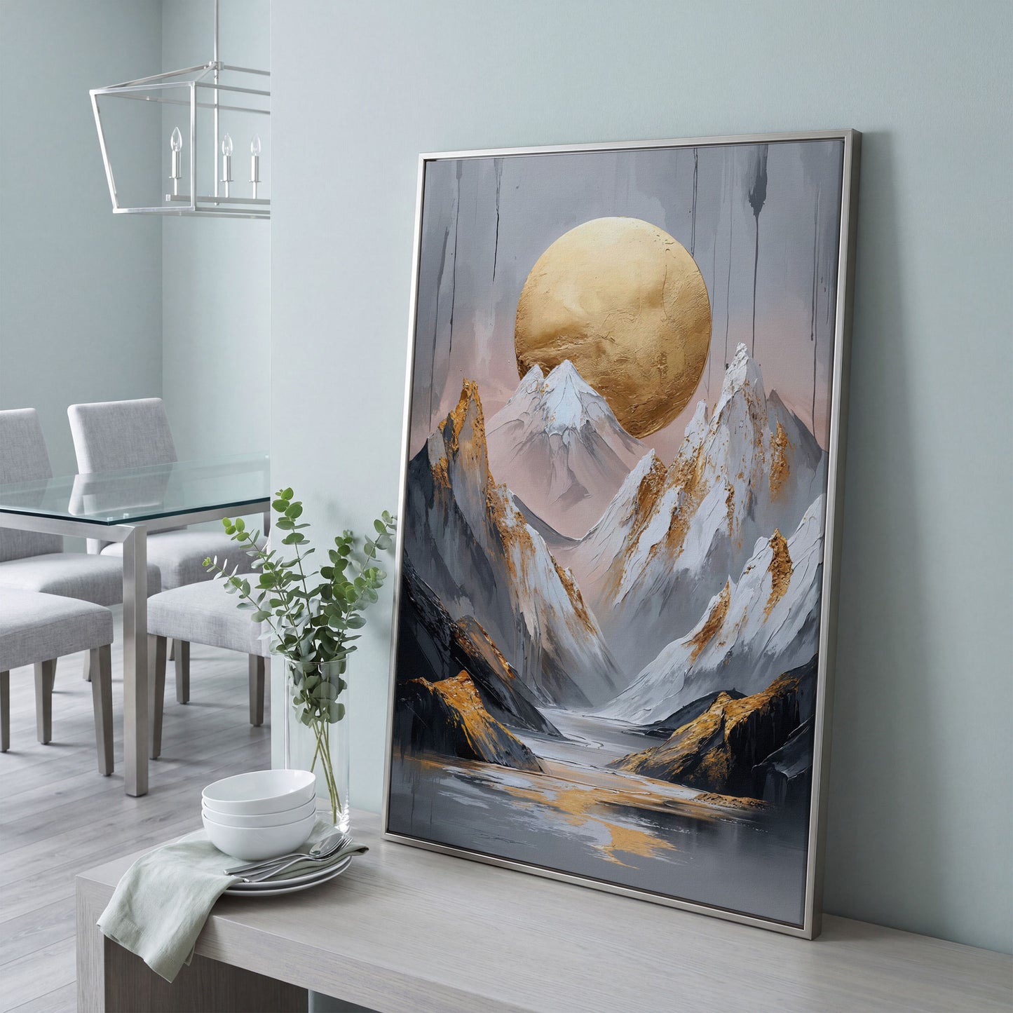 Mountain and Golden Moon Canvas in silver floating frame