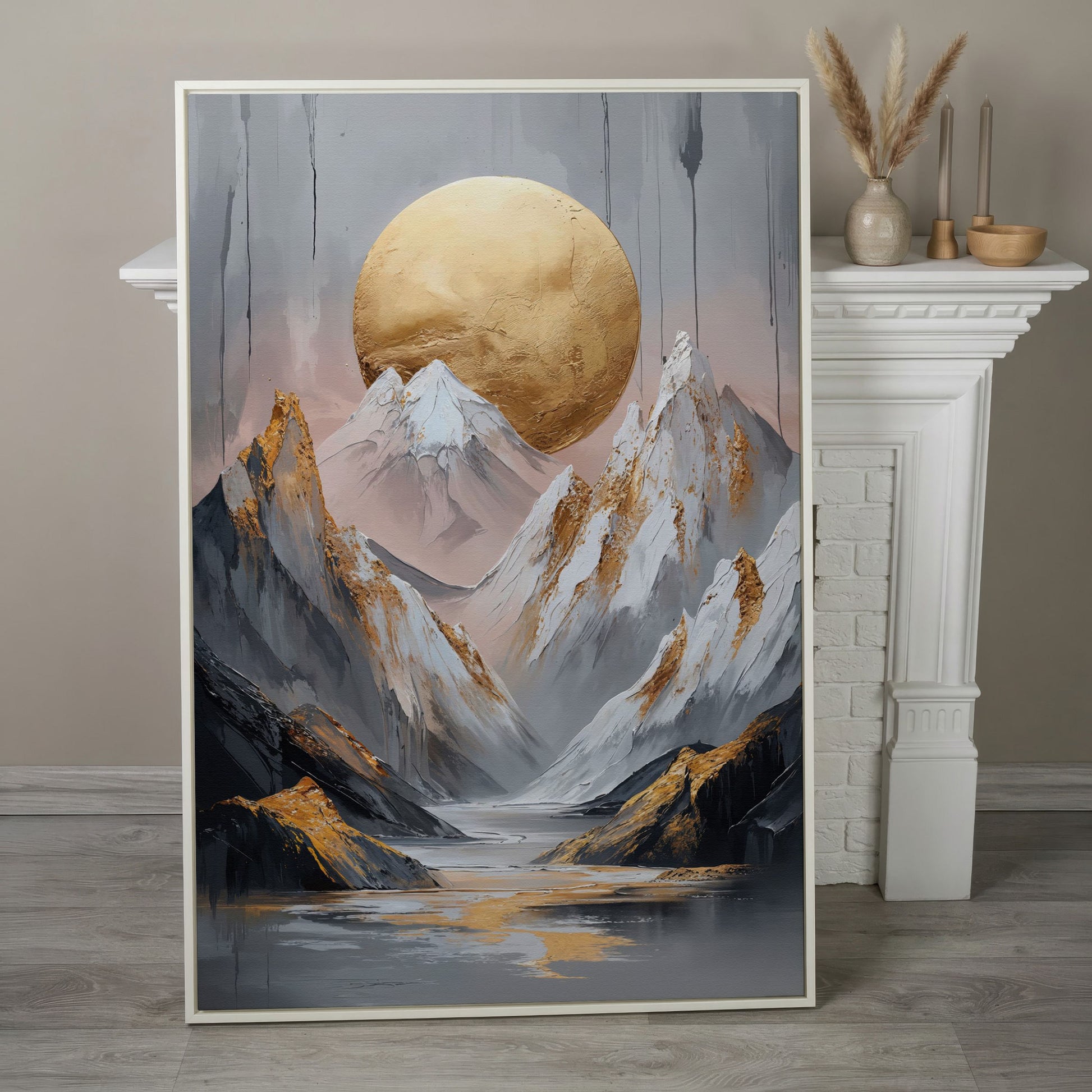 Mountain and Golden Moon Canvas in white floating frame