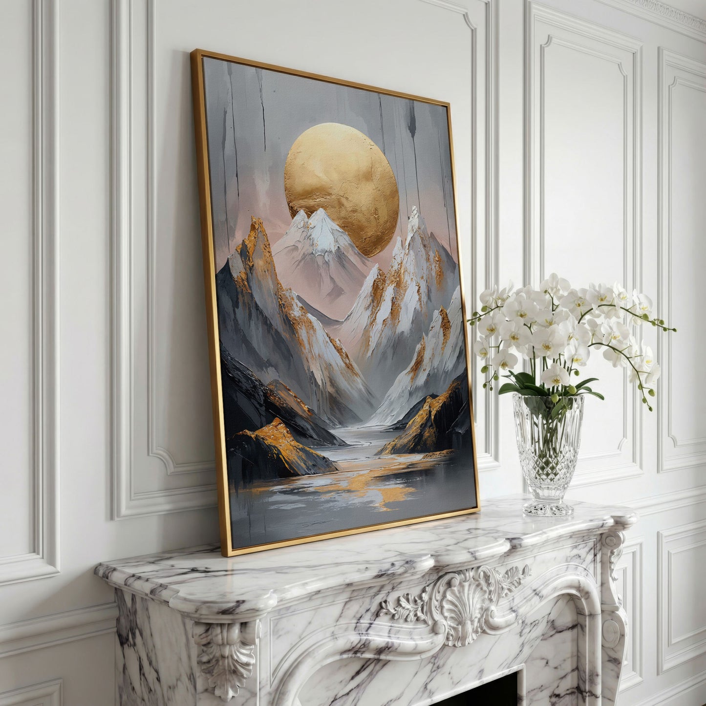 Mountain and Golden Moon Canvas in yellow gold floating frame