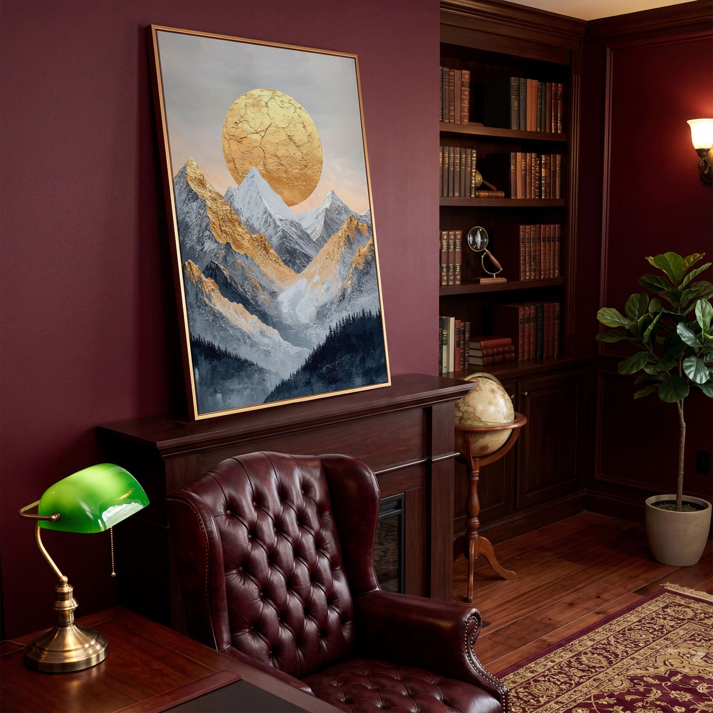 Golden Sun Amid Snowy Mountains Canvas in antique gold floating frame