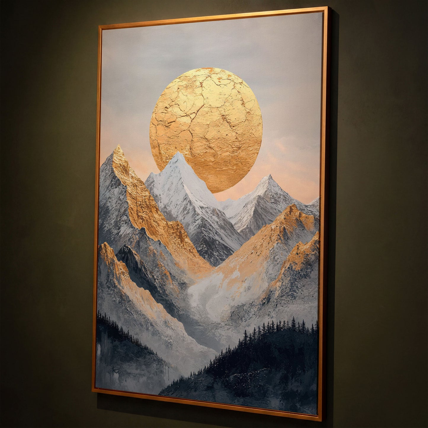 Golden Sun Amid Snowy Mountains Canvas shown in antique gold floating frame