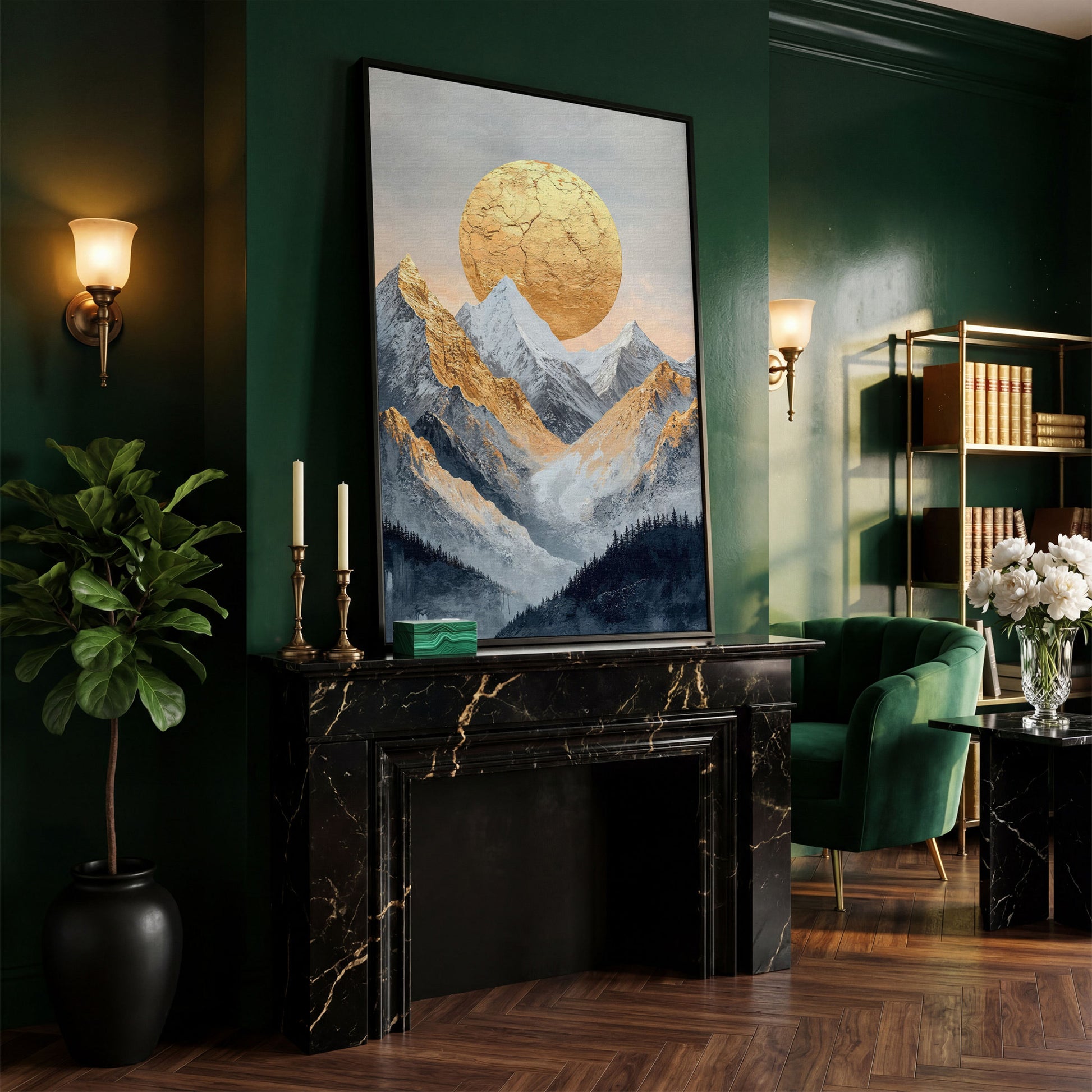 Golden Sun Amid Snowy Mountains Canvas in black floating frame
