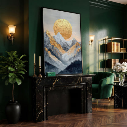 Golden Sun Amid Snowy Mountains Canvas in black floating frame