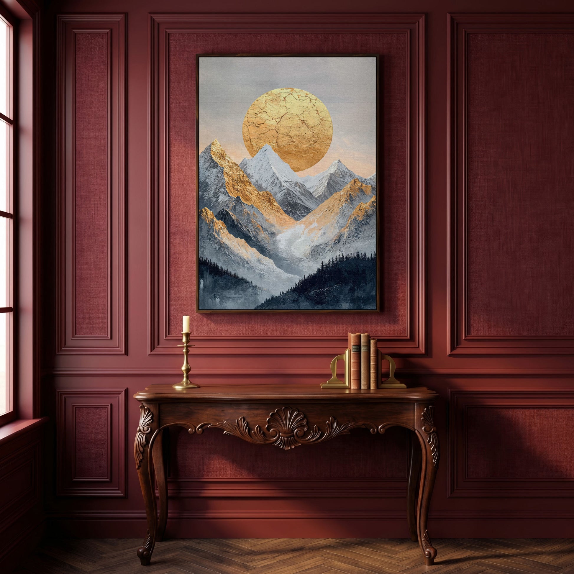 Golden Sun Amid Snowy Mountains Canvas in dark walnut floating frame