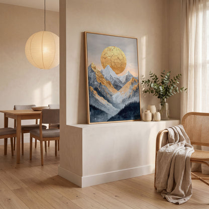 Golden Sun Amid Snowy Mountains Canvas in white oak floating frame