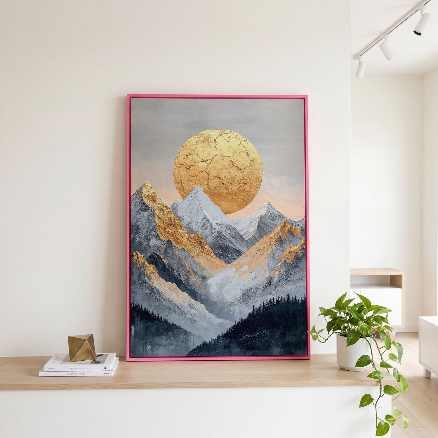 Golden Sun Amid Snowy Mountains Canvas in pink floating frame