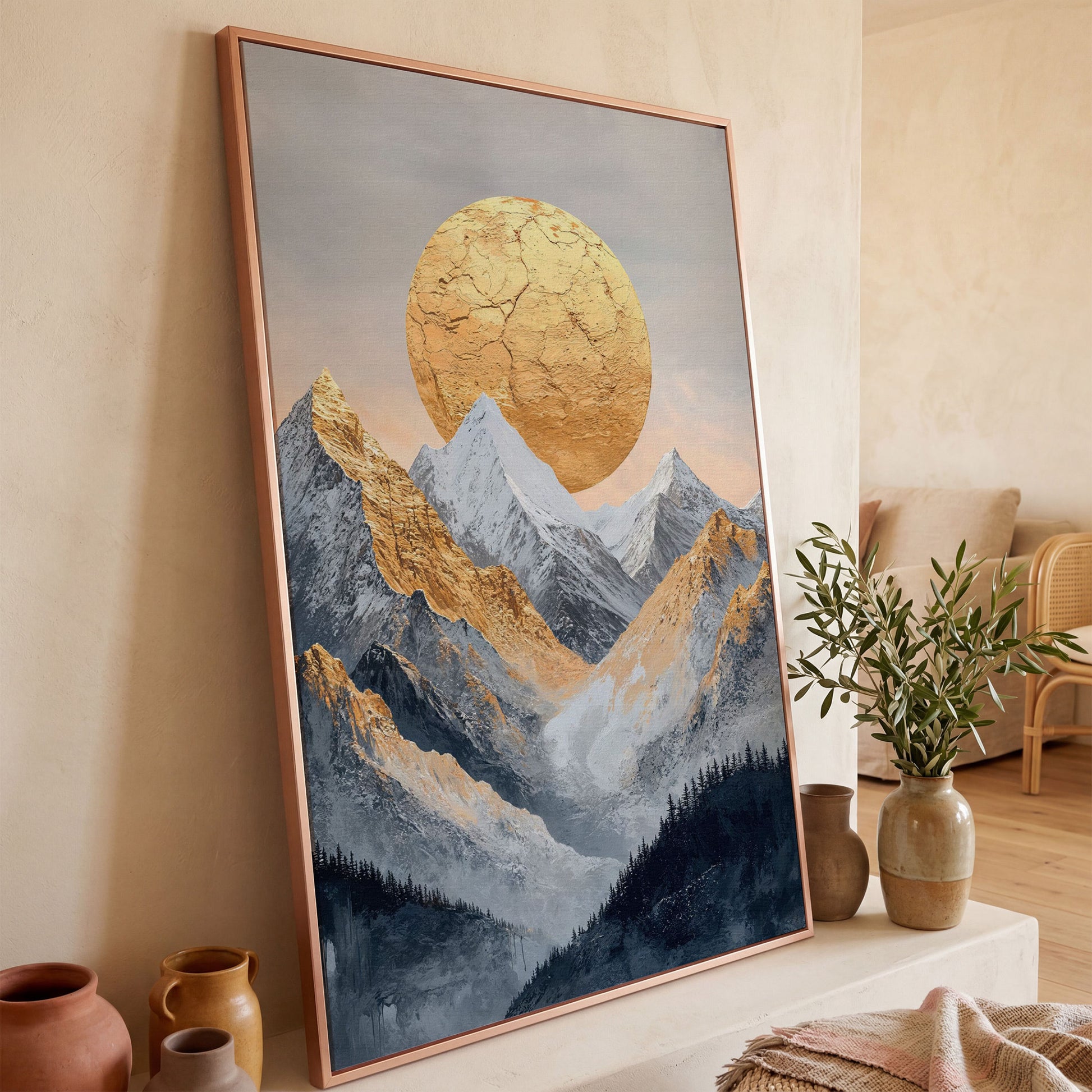 Golden Sun Amid Snowy Mountains Canvas in rose gold floating frame