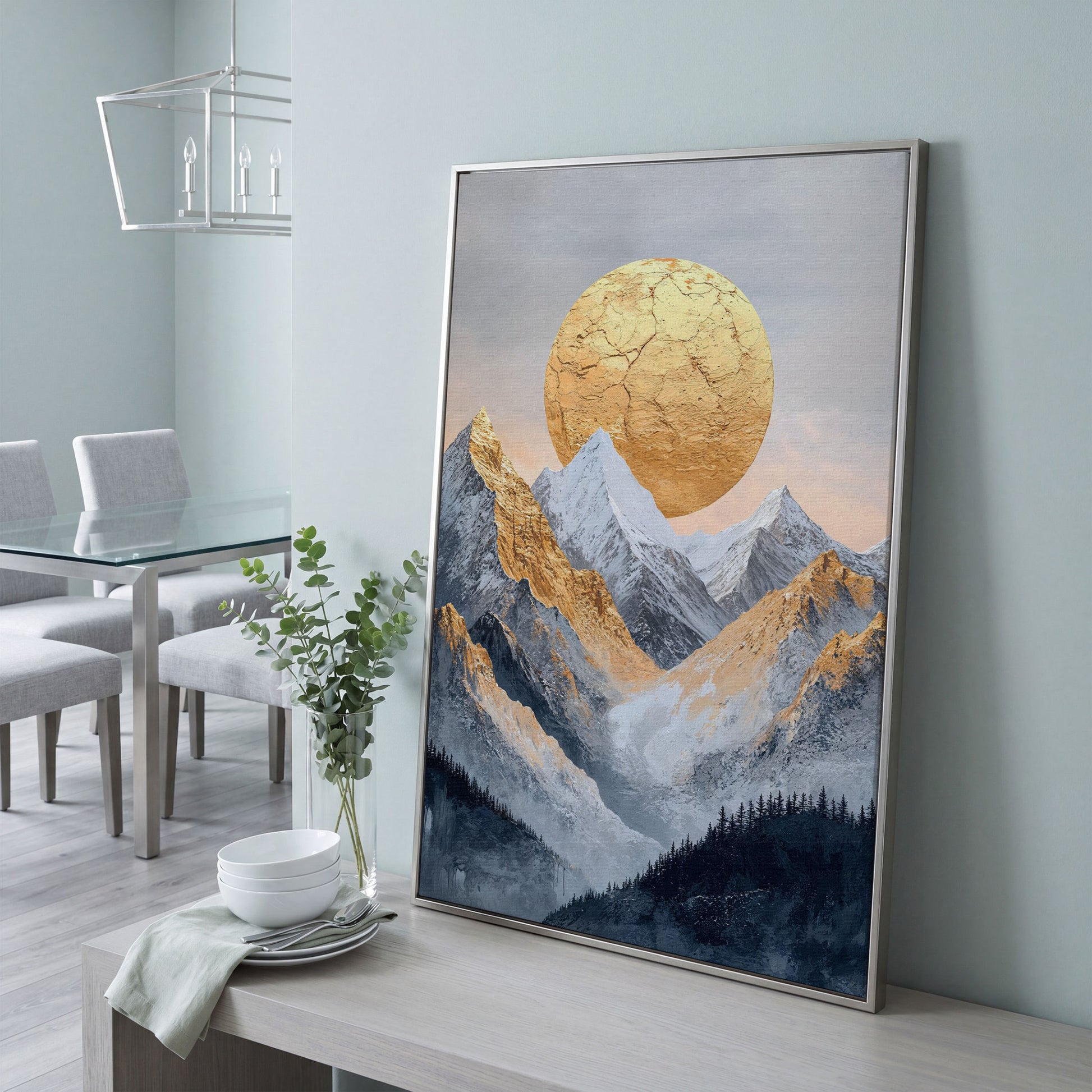 Golden Sun Amid Snowy Mountains Canvas in silver floating frame