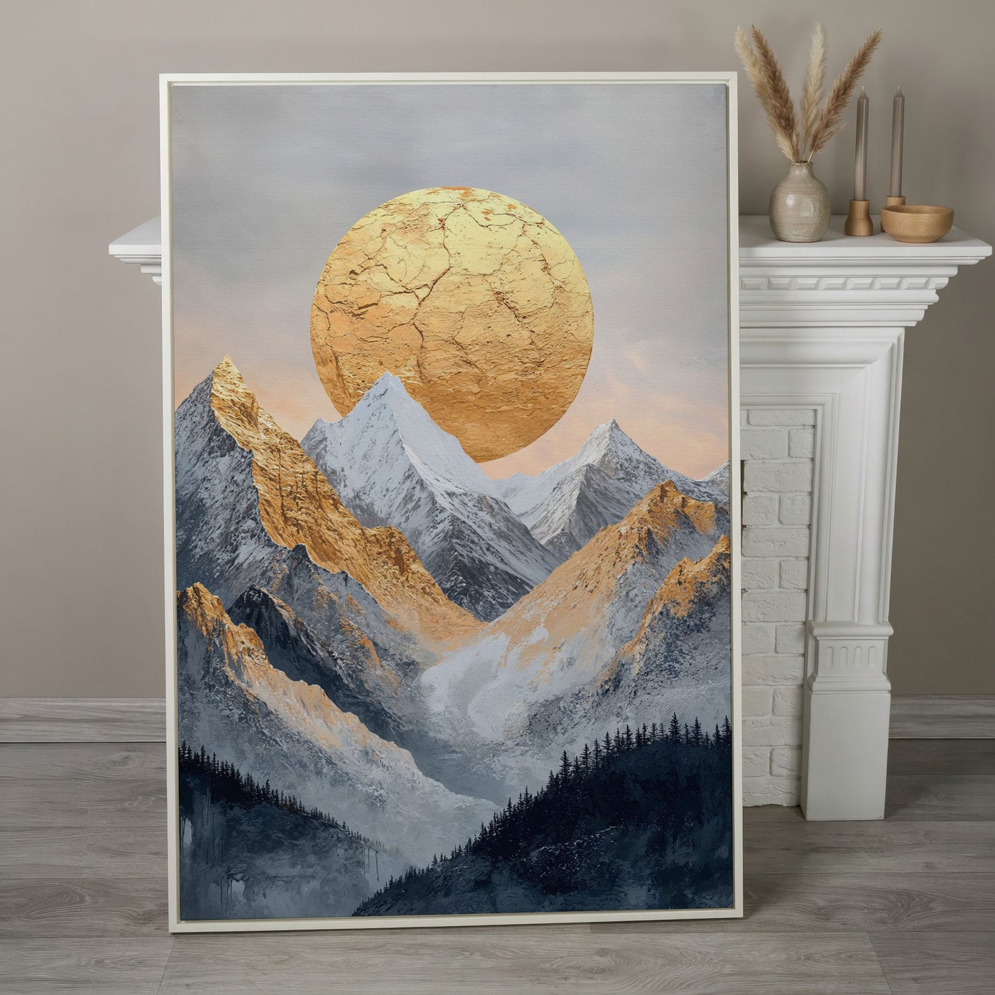 Golden Sun Amid Snowy Mountains Canvas in white floating frame