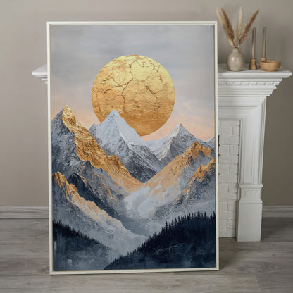 Golden Sun Amid Snowy Mountains Canvas in white floating frame