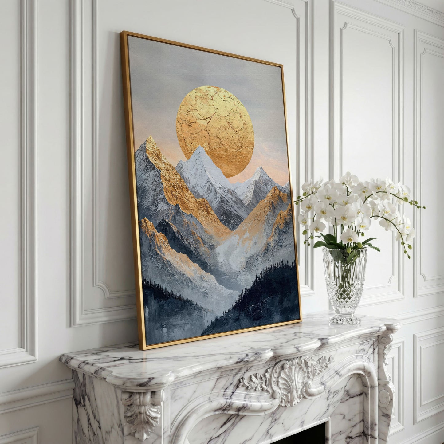 Golden Sun Amid Snowy Mountains Canvas in yellow gold floating frame