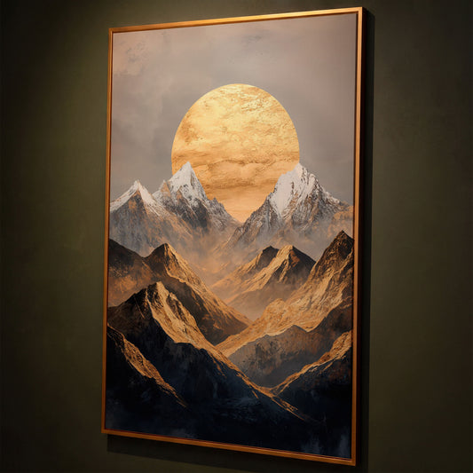 Sunrise Over Mountains Canvas Print shown in antique gold floating frame
