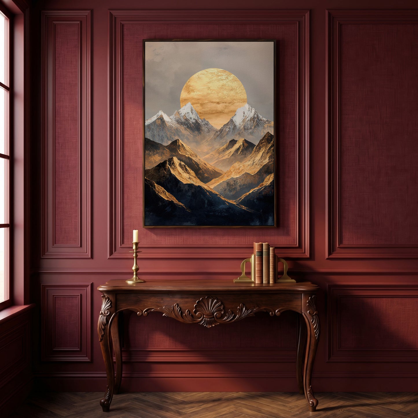 Sunrise Over Mountains Canvas Print in dark walnut floating frame