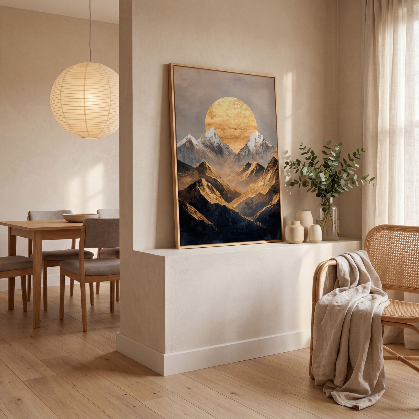 Sunrise Over Mountains Canvas Print in white oak floating frame