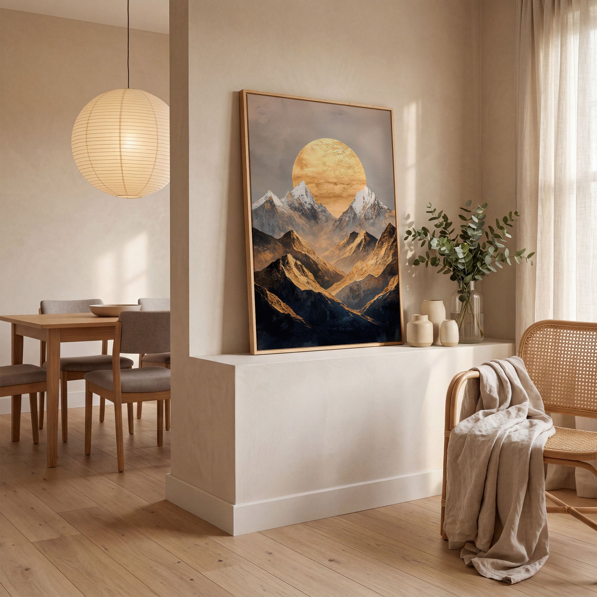 Sunrise Over Mountains Canvas Print in white oak floating frame