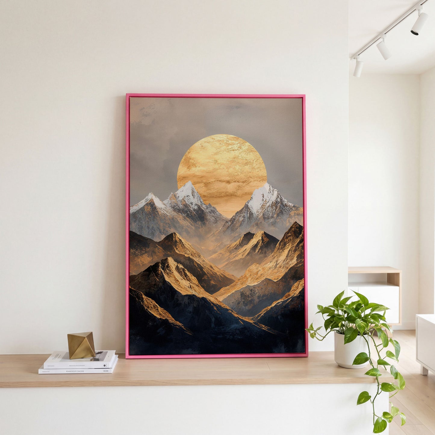 Sunrise Over Mountains Canvas Print in pink floating frame