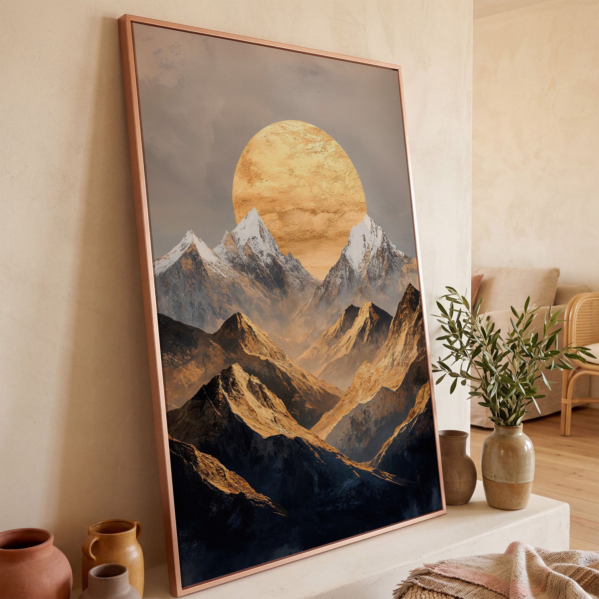 Sunrise Over Mountains Canvas Print in rose gold floating frame