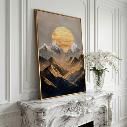 Sunrise Over Mountains Canvas Print in yellow gold floating frame