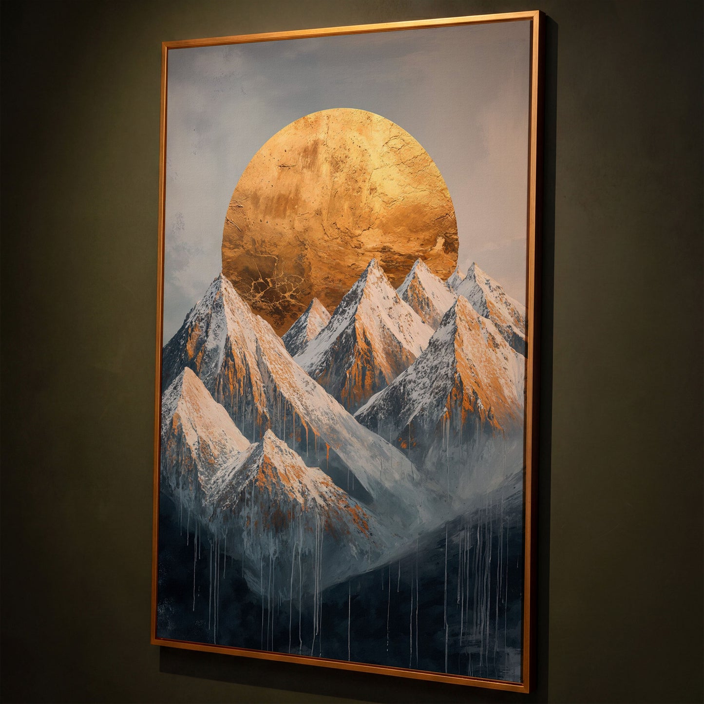 Snowy Mountains with Golden Sun Canvas Print shown in antique gold floating frame