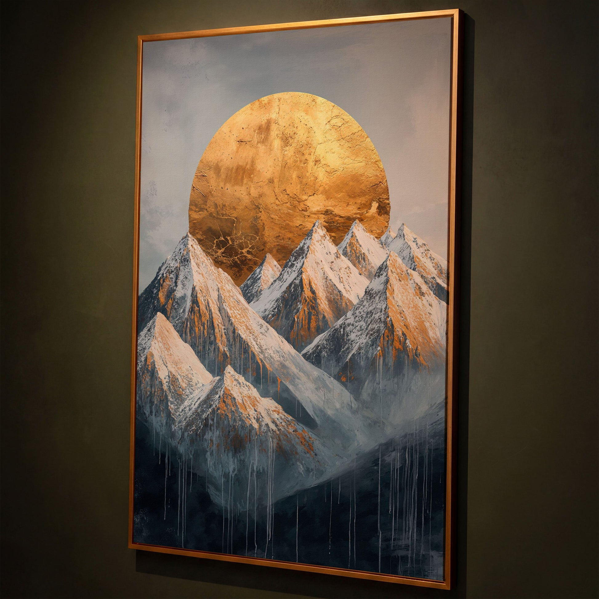 Snowy Mountains with Golden Sun Canvas Print shown in antique gold floating frame
