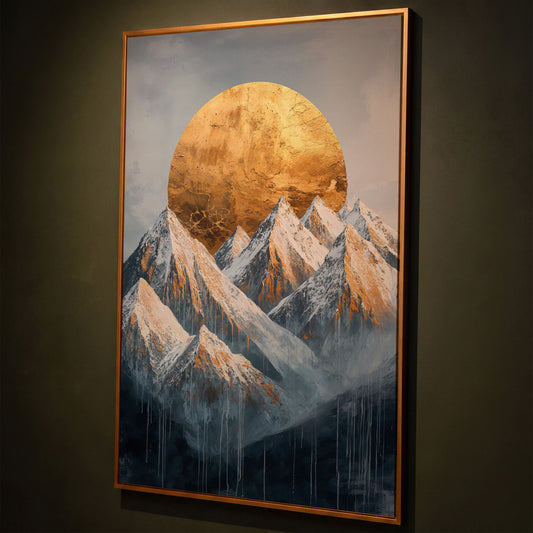 Snowy Mountains with Golden Sun Canvas Print shown in antique gold floating frame