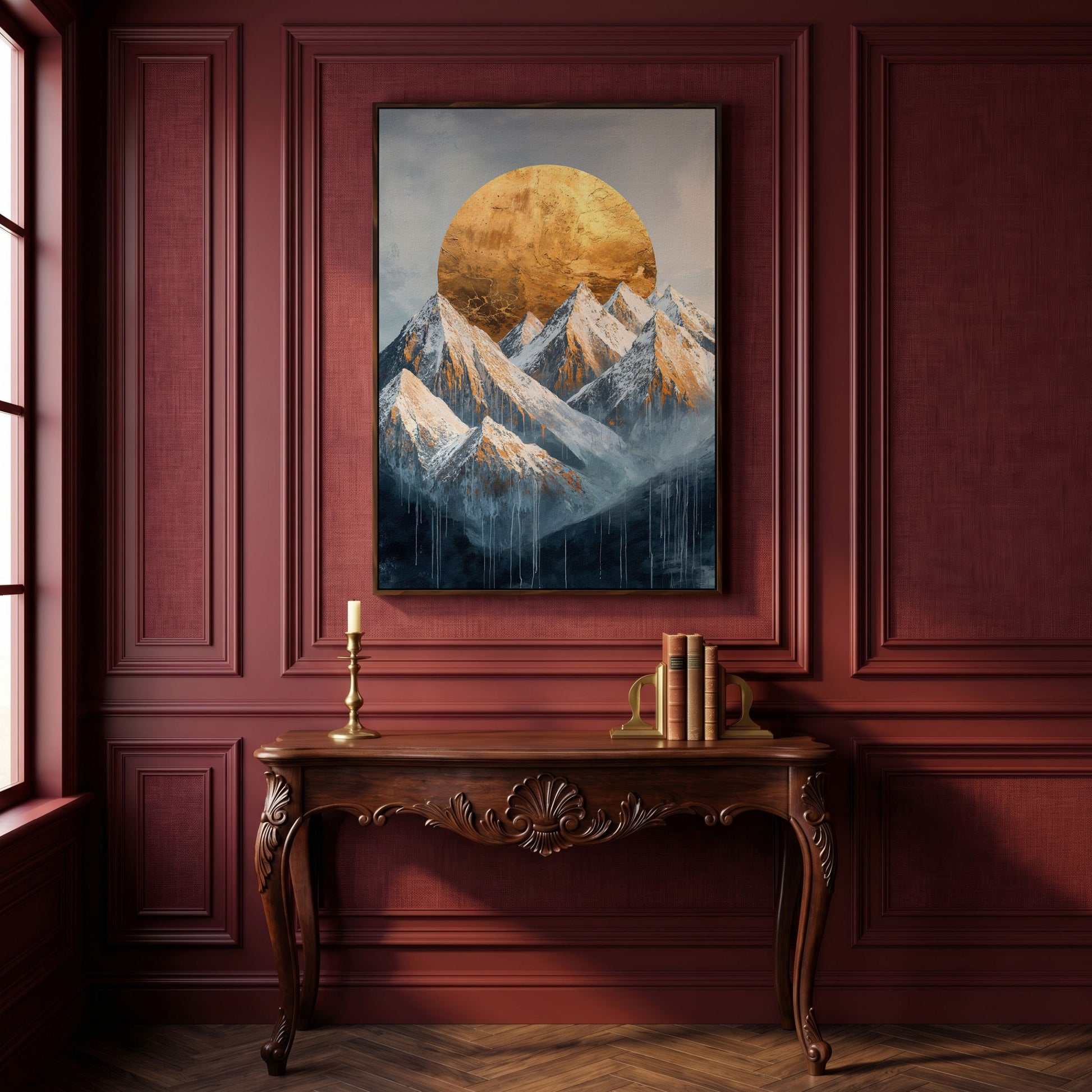 Snowy Mountains with Golden Sun Canvas Print in dark walnut floating frame